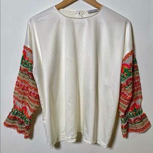 Handmade Satin top with embroidered chiffon sleeves